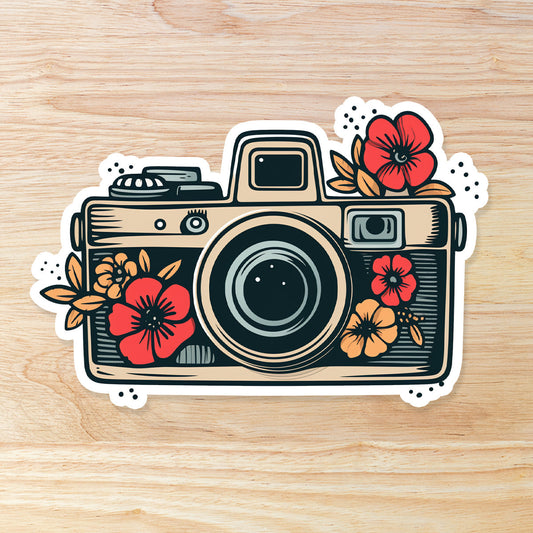 Floral Vintage Camera: Waterproof Vinyl Sticker