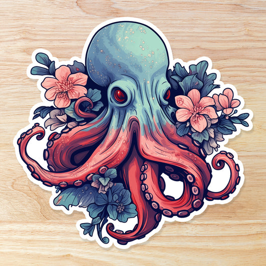 Floral Octopus Sticker: Tattoo-Style Waterproof Vinyl Sticker