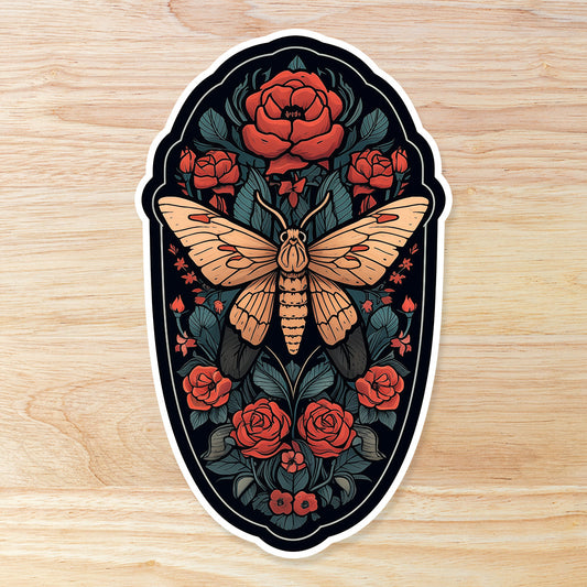 Tattoo style Moth sticker with red roses: Waterproof Vinyl Sticker