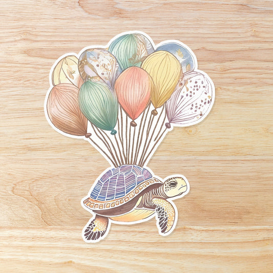 Turtle with Balloons Sticker: Waterproof Vinyl