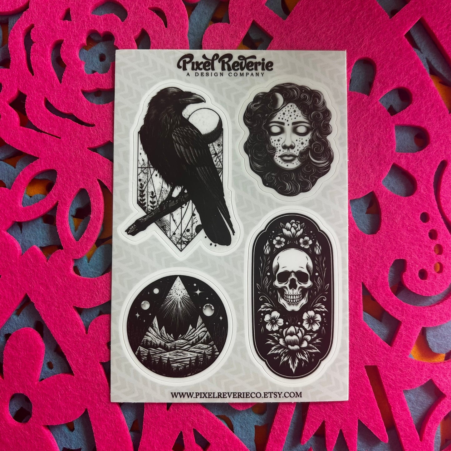 Tattoo Style Sticker Sheet: Crow, Skull, Moon Goddess - Waterproof Vinyl