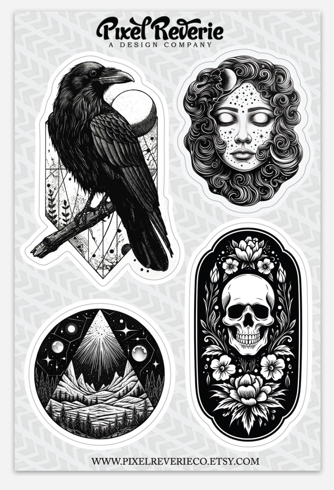 Tattoo Style Sticker Sheet: Crow, Skull, Moon Goddess - Waterproof Vinyl