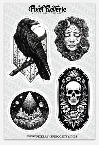 Tattoo Style Sticker Sheet: Crow, Skull, Moon Goddess - Waterproof Vinyl