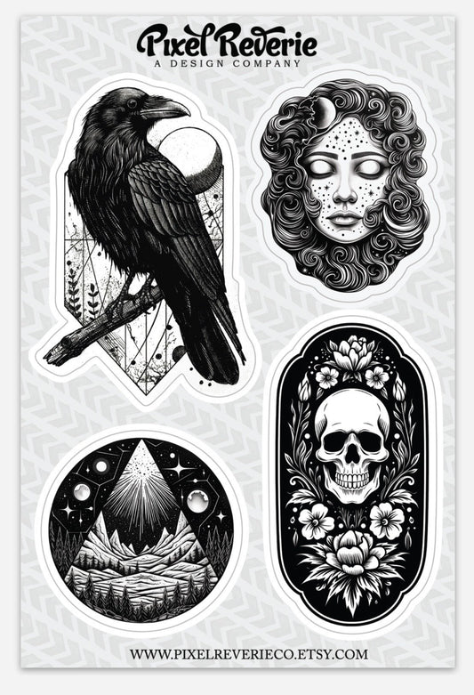 Tattoo Style Sticker Sheet: Crow, Skull, Moon Goddess - Waterproof Vinyl