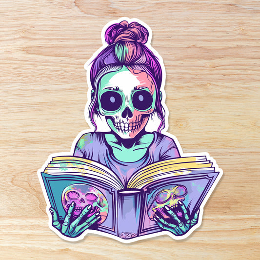 Skeleton Girl Reading: Waterproof Vinyl Sticker