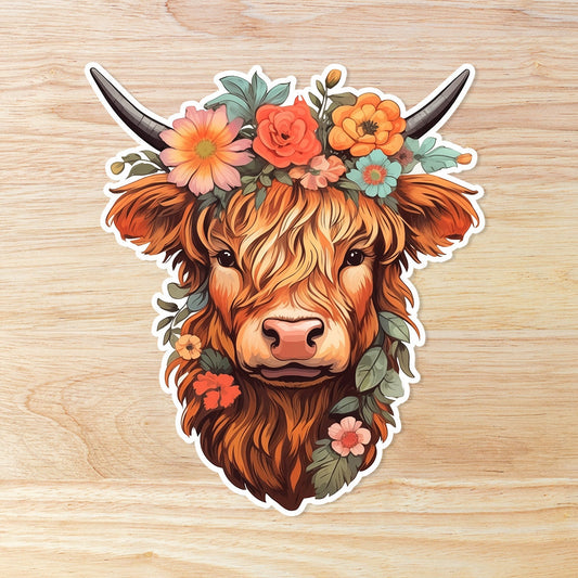 Floral Highland Cow Sticker: Waterproof Vinyl Decal