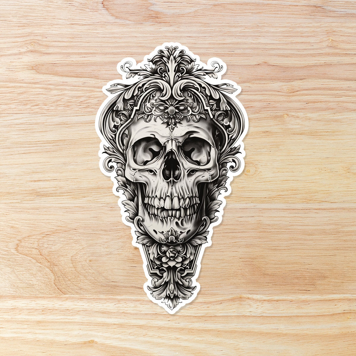 Detailed Skull with Ornate Design: Waterproof Vinyl Sticker