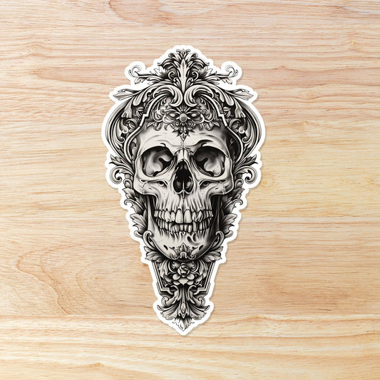 Detailed Skull with Ornate Design: Waterproof Vinyl Sticker
