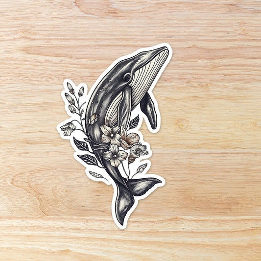 Floral Whale Tattoo Style Waterproof Vinyl Sticker