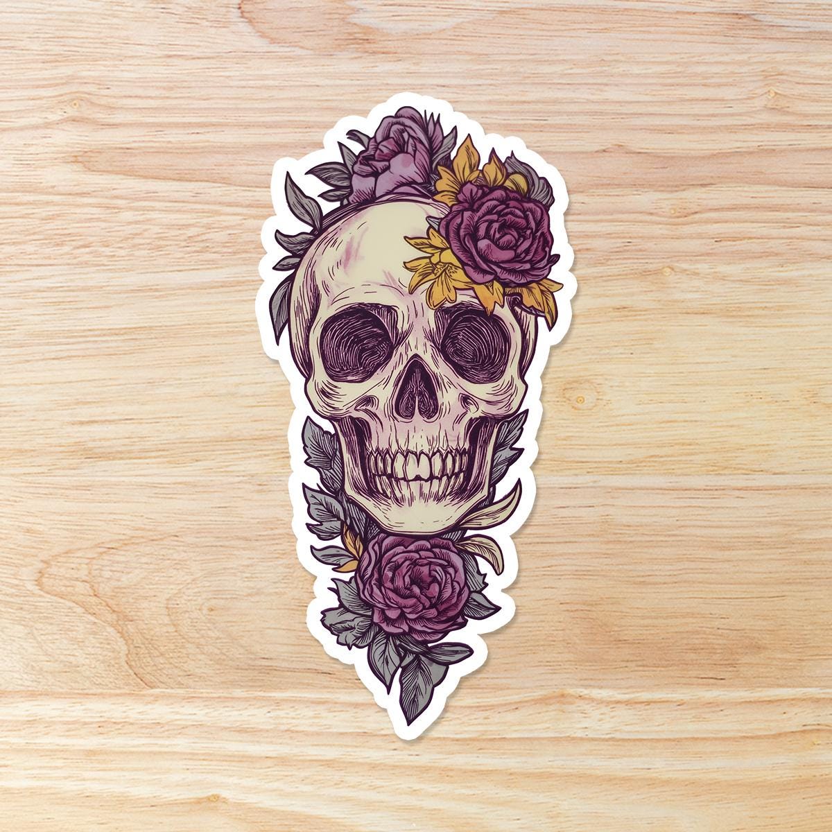 Skull sticker with purple flowers
