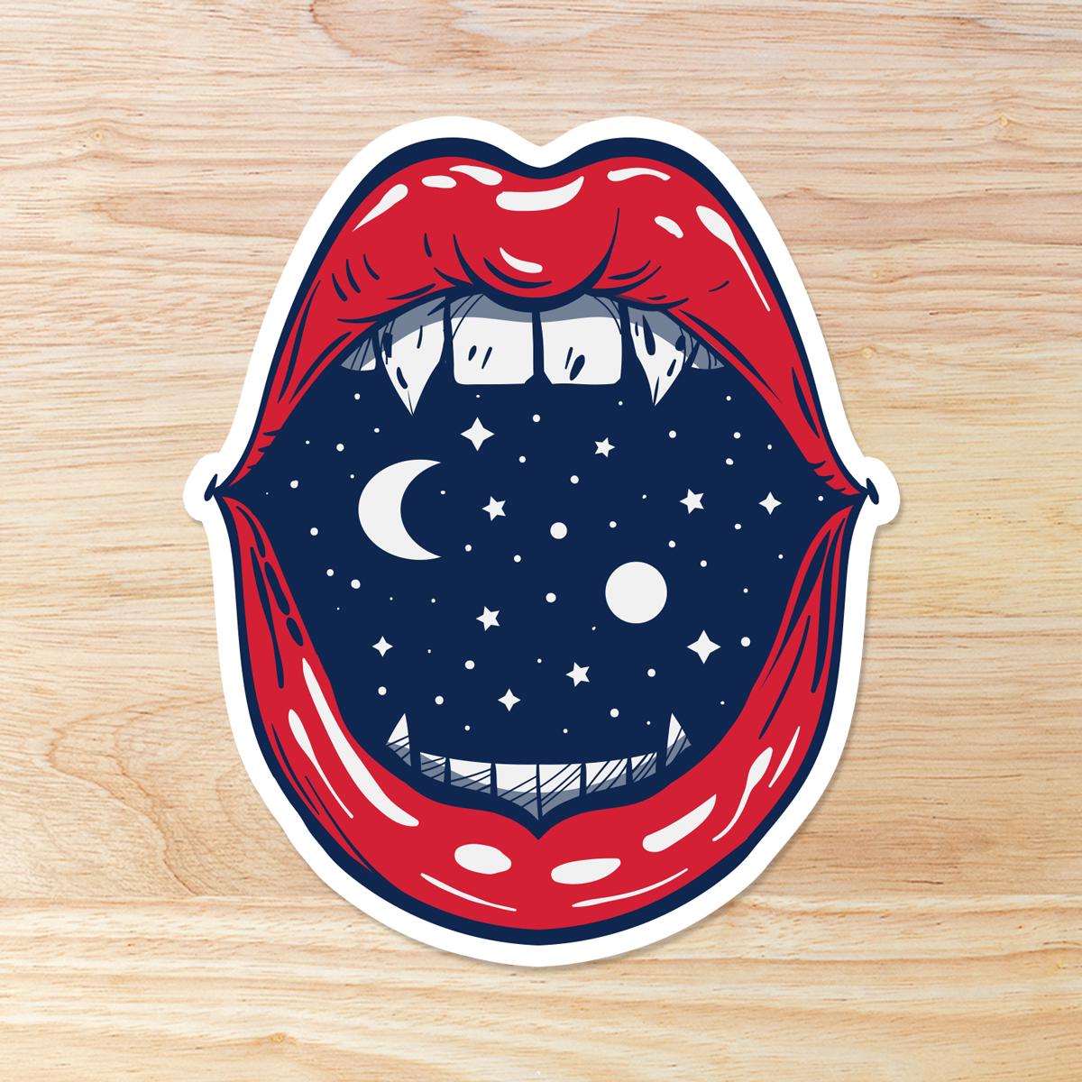 Red Lips and Vampire Teeth, Moon and Stars Inside: Waterproof Vinyl Sticker
