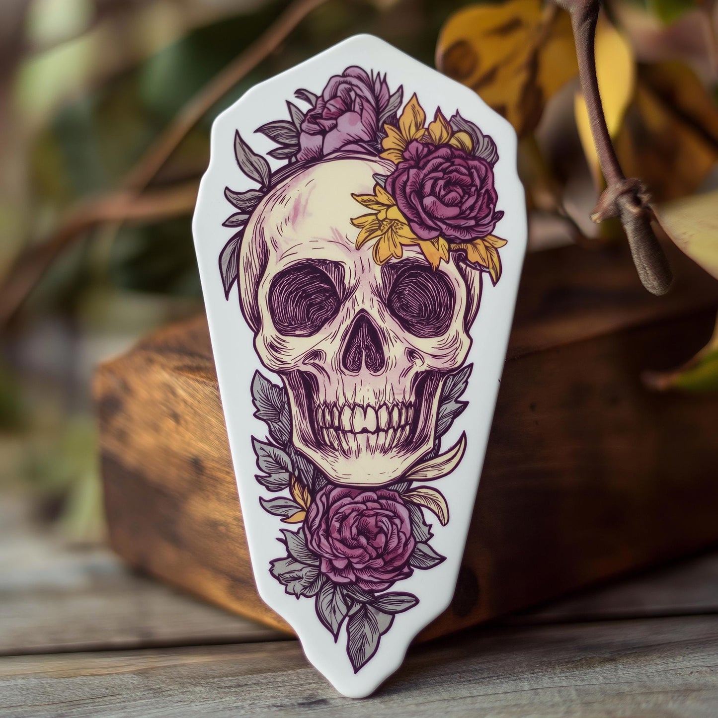 Skull sticker with purple flowers