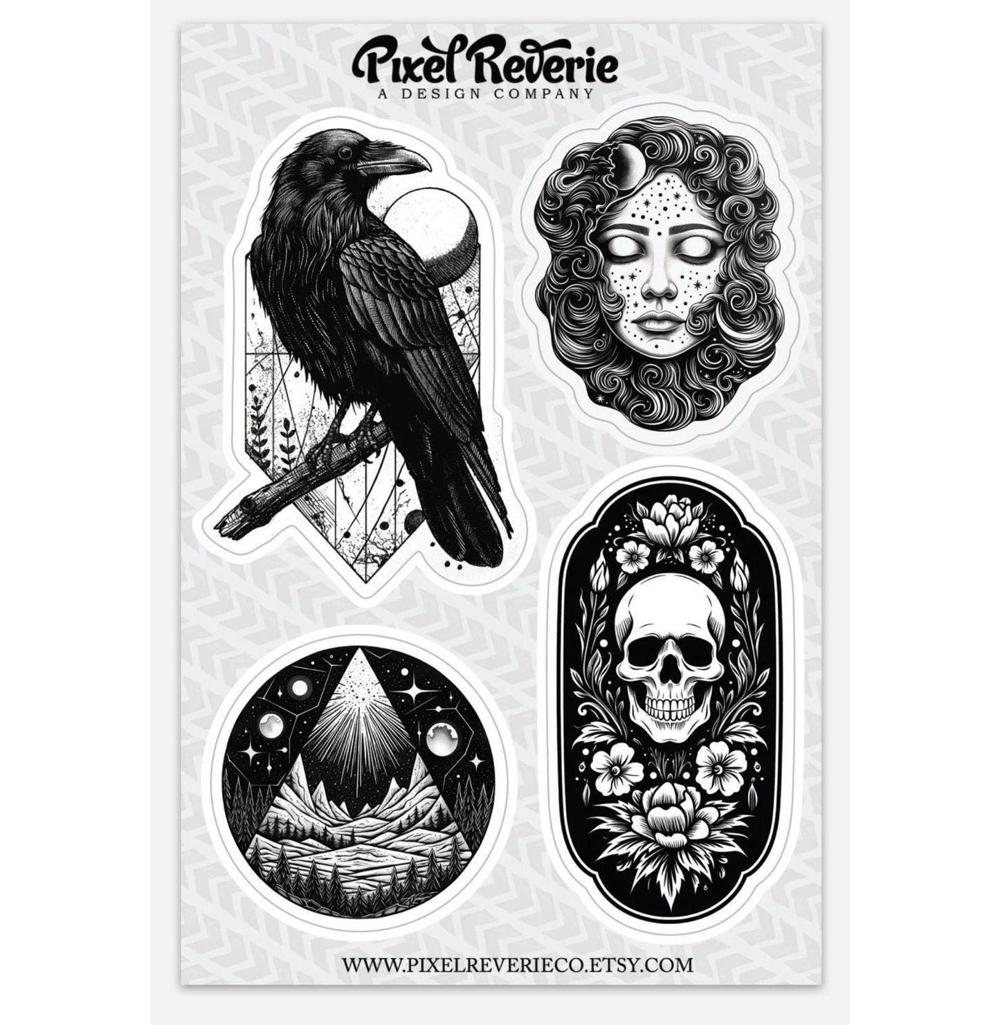 Tattoo Style Sticker Sheet: Crow, Skull, Moon Goddess - Waterproof Vinyl
