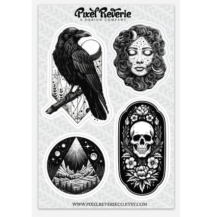 Tattoo Style Sticker Sheet: Crow, Skull, Moon Goddess - Waterproof Vinyl