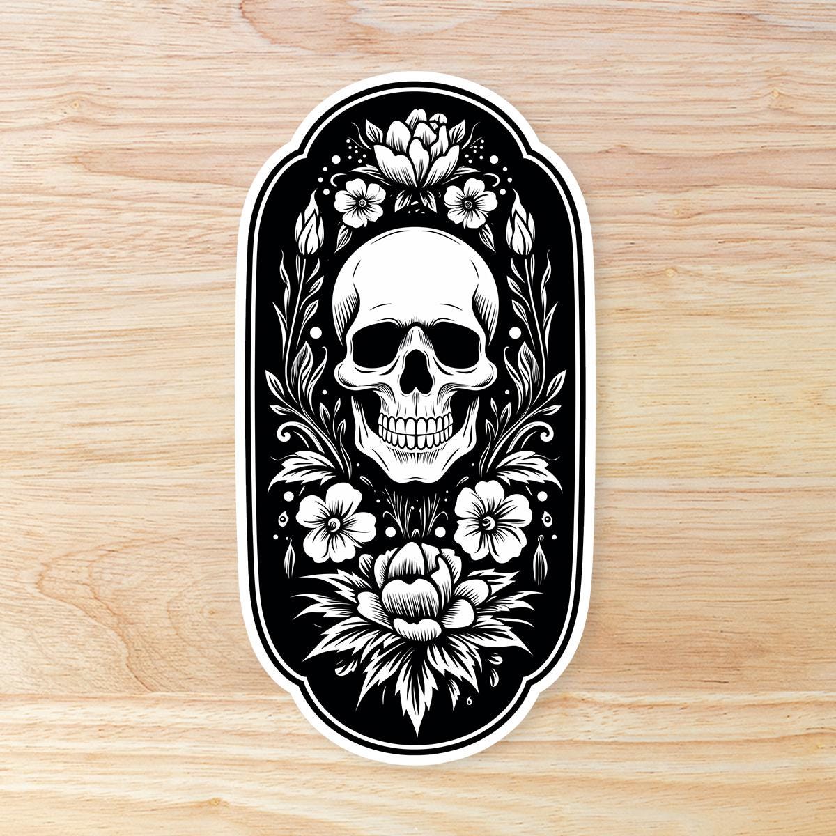 Black and white Skull WATERPROOF sticker with floral design