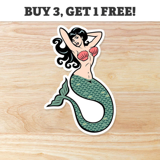Pin-Up Style Mermaid: Waterproof Vinyl Sticker