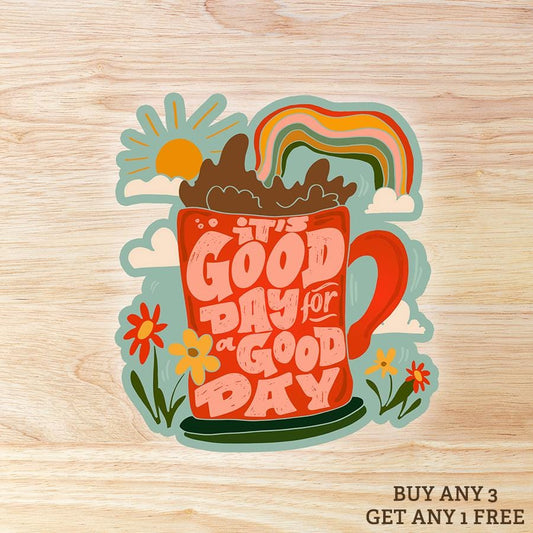 Good Day Coffee Rainbow Sticker: Waterproof Vinyl Decal