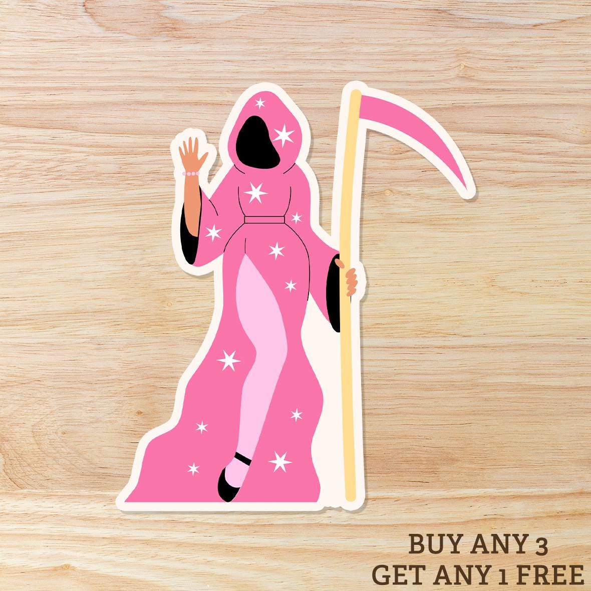 Kawaii Pink Grim Reaper Sticker: Waterproof Vinyl Decal