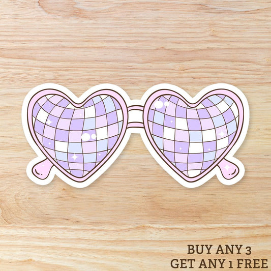 Purple Heart Shaped Disco Ball Sunglasses: Waterproof Vinyl Sticker