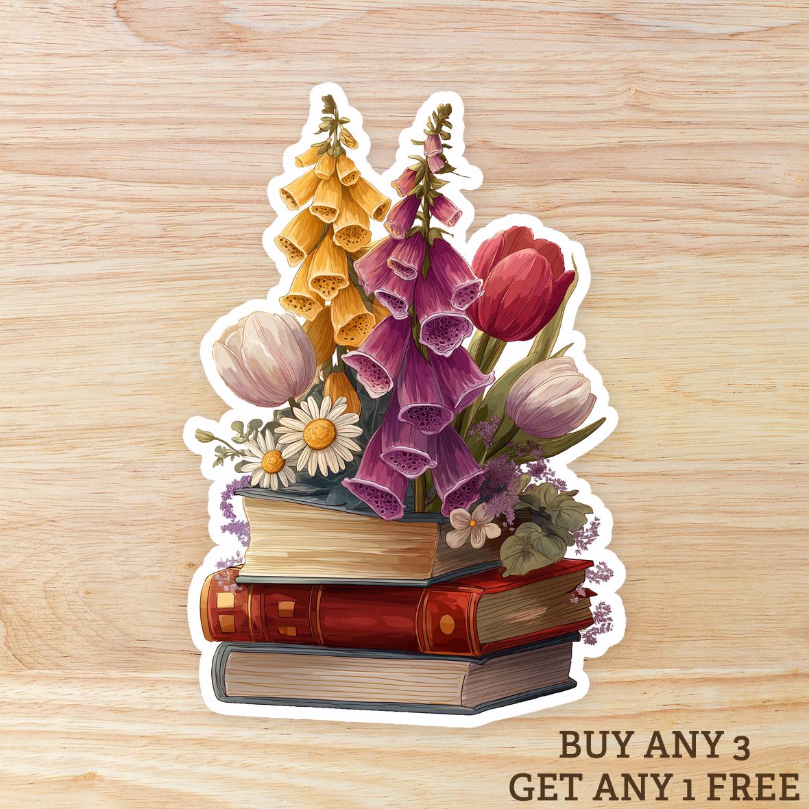 FDT, Foxglove Daisy Tulip - Floral Stack of Books: Waterproof Vinyl Sticker