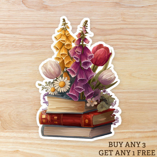 FDT, Foxglove Daisy Tulip - Floral Stack of Books: Waterproof Vinyl Sticker