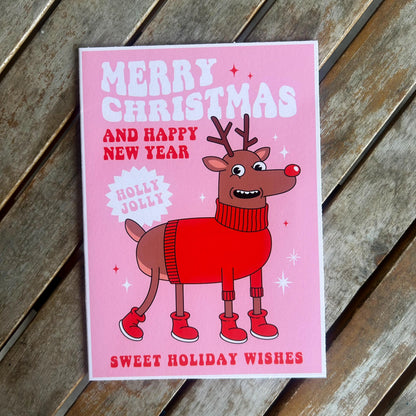 Pink Christmas Card Set: Fun Santa, Rudolph, and Tree Designs
