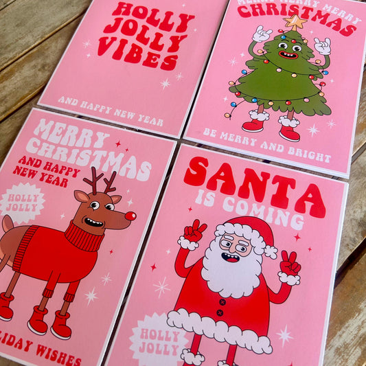 Pink Christmas Card Set: Fun Santa, Rudolph, and Tree Designs
