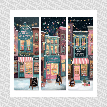 Set of 3 Bookmarks: Cozy Winter Bookshop Storefront