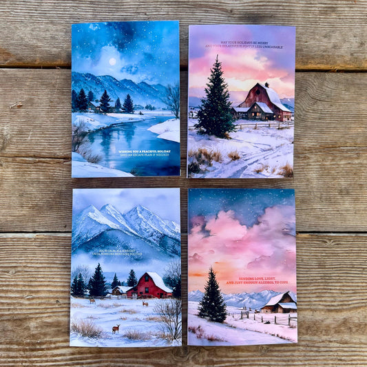 Funny Watercolor Christmas Card Set – Sarcastic Holiday Cards with Mountain and Farm Scenes