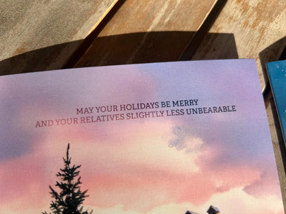 Funny Watercolor Christmas Card Set – Sarcastic Holiday Cards with Mountain and Farm Scenes