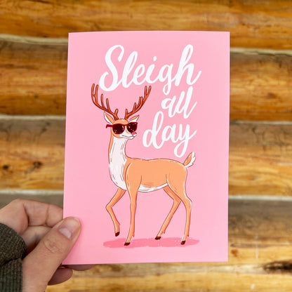 Funny Christmas Card: Sleigh All Day Reindeer Holiday Card