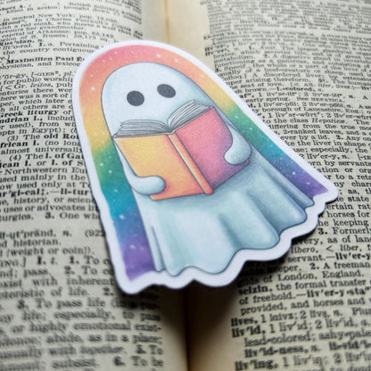 Rainbow Ghost Reading a Book: Vinyl WATERPROOF Sticker