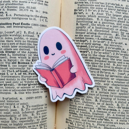 Pink Ghost Reading a Book: Vinyl WATERPROOF Sticker