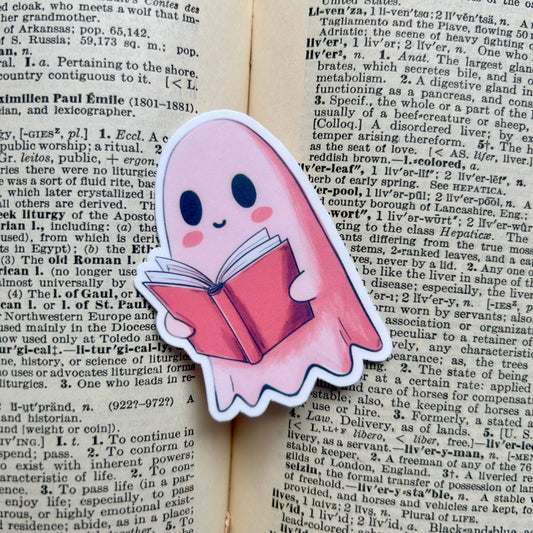 Pink Ghost Reading a Book: Vinyl WATERPROOF Sticker