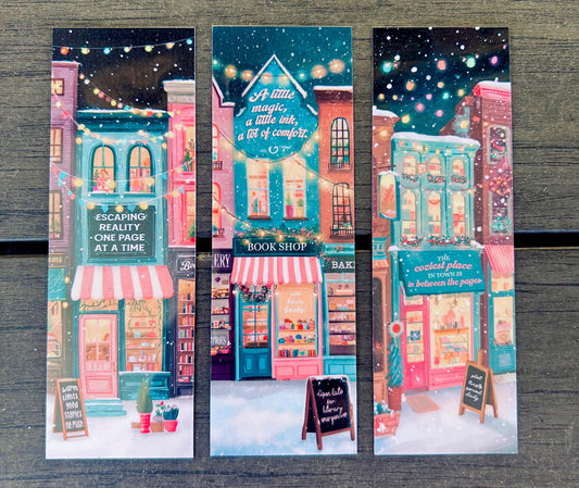 Set of 3 Bookmarks: Cozy Winter Bookshop Storefront