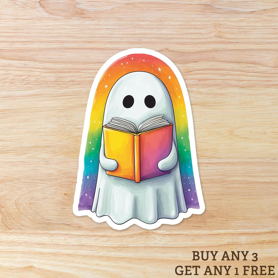Rainbow Ghost Reading a Book: Vinyl WATERPROOF Sticker