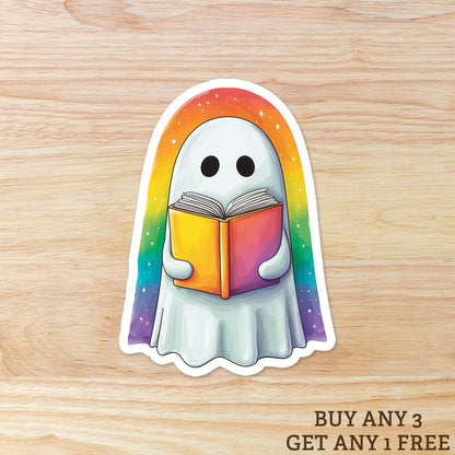 Rainbow Ghost Reading a Book: Vinyl WATERPROOF Sticker