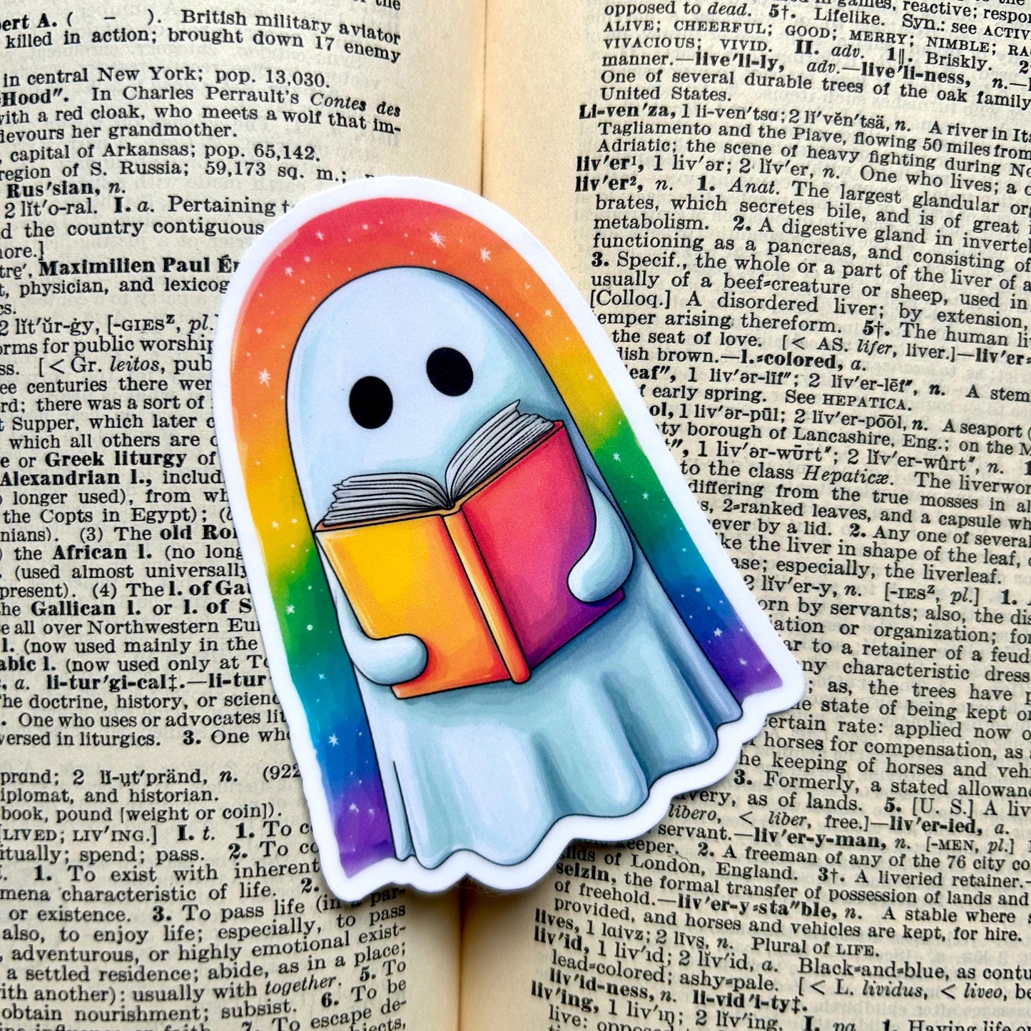 Rainbow Ghost Reading a Book: Vinyl WATERPROOF Sticker