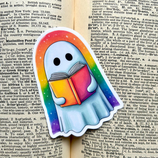 Rainbow Ghost Reading a Book: Vinyl WATERPROOF Sticker