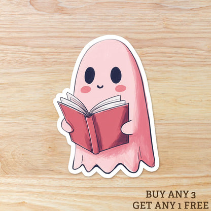 Pink Ghost Reading a Book: Vinyl WATERPROOF Sticker