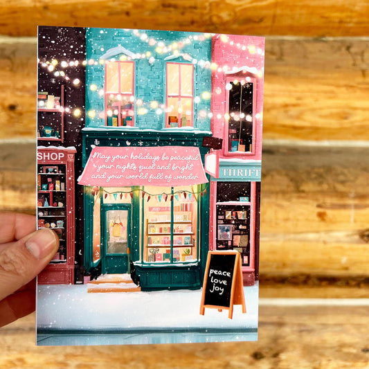 Cozy Christmas Card: Store front shop Holiday Card