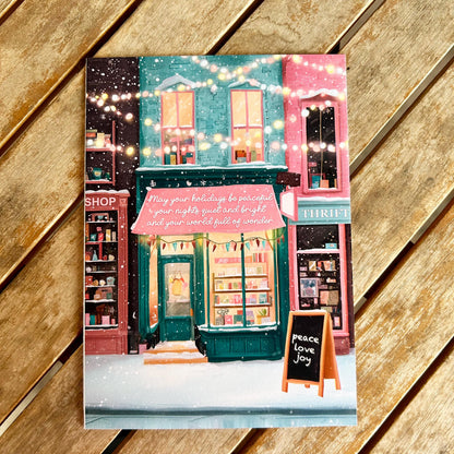 Cozy Christmas Card: Store front shop Holiday Card
