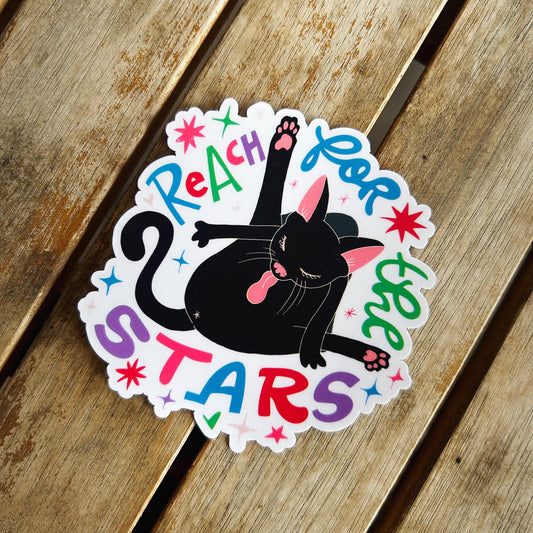 Reach for the Stars! Funny Cat Sticker: Vinyl WATERPROOF Sticker