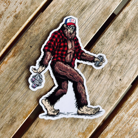 Bigfoot Carrying a 6-Pack of Beer: Vinyl WATERPROOF Sticker