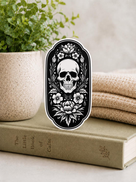 Black and white Skull WATERPROOF sticker with floral design