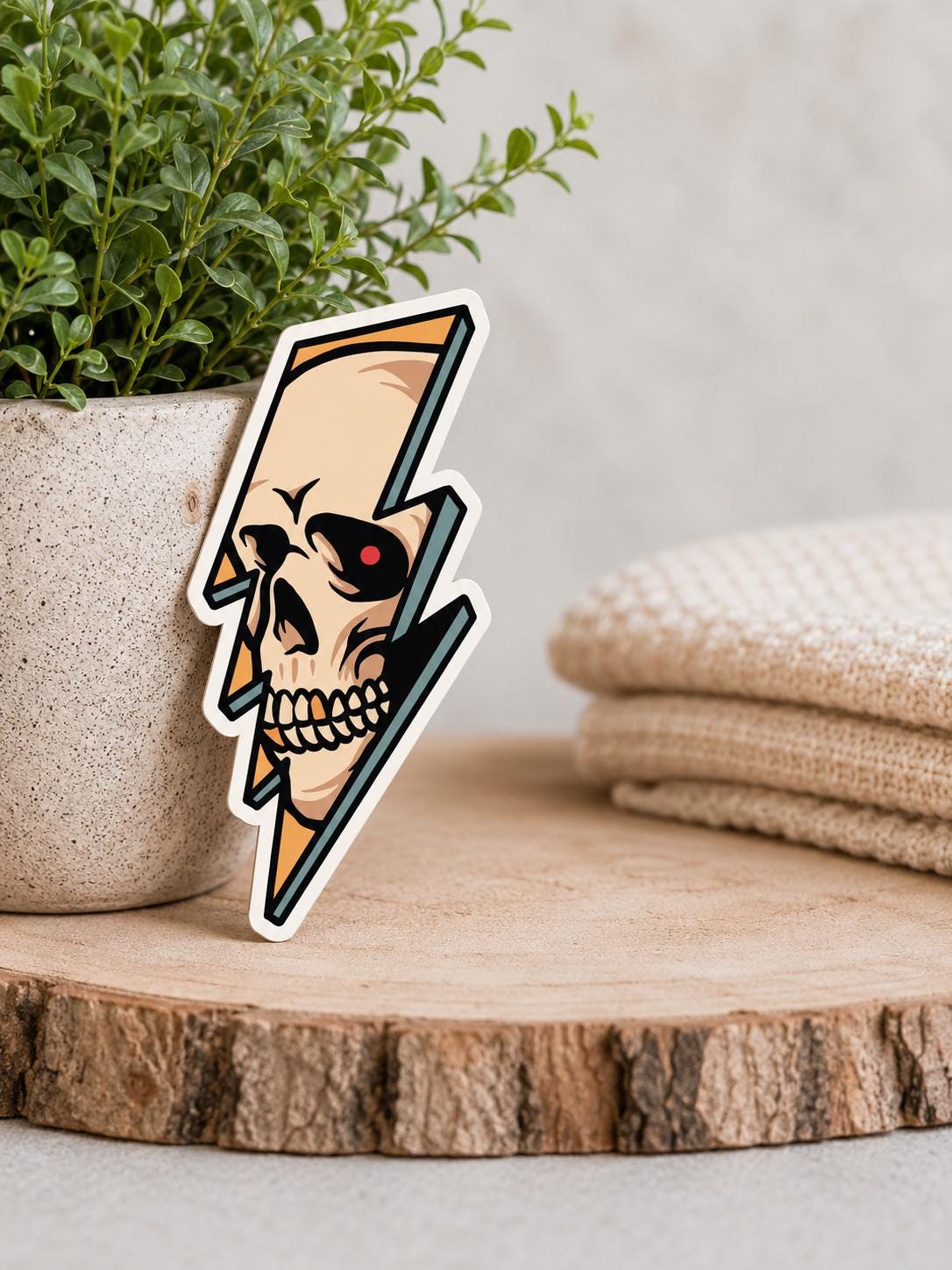 Lightening Bolt Sticker with a Skull Inside: Waterproof Vinyl Sticker