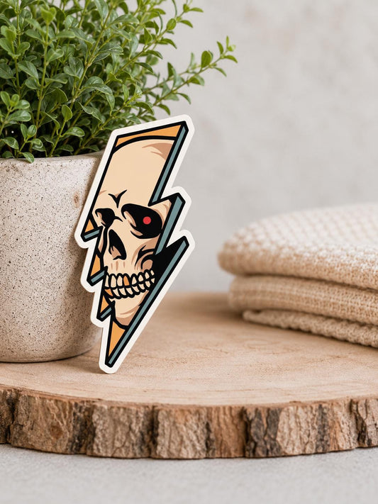 Lightening Bolt Sticker with a Skull Inside: Waterproof Vinyl Sticker