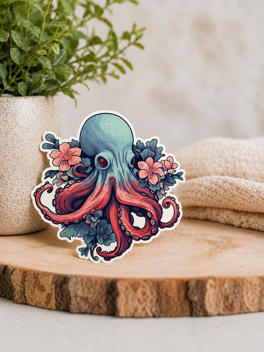 Floral Octopus Sticker: Tattoo-Style Waterproof Vinyl Sticker