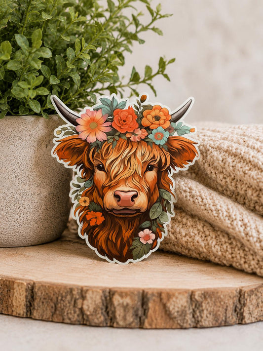 Floral Highland Cow Sticker: Waterproof Vinyl Decal