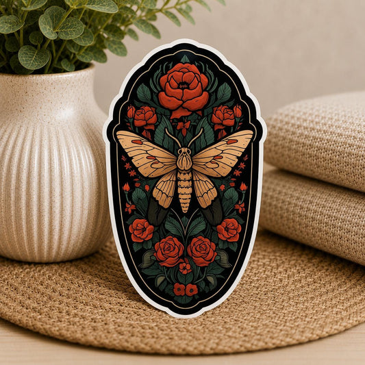 Tattoo style Moth sticker with red roses: Waterproof Vinyl Sticker